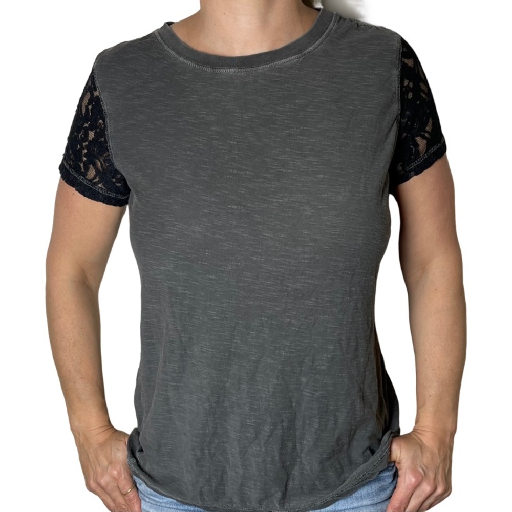 Pins and Needles Grey Cotton Tee with Lace Sleeves
